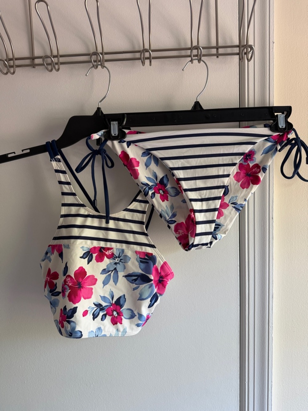 Lands' End Navy Striped & Pink Floral Bikini Set